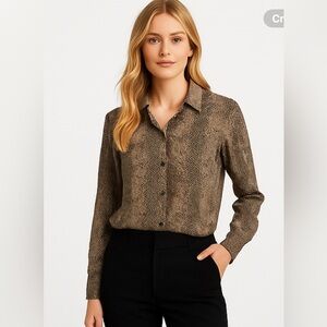 vintage Allison Taylor 100% silk Brown Button Down Shirt animal print blouse